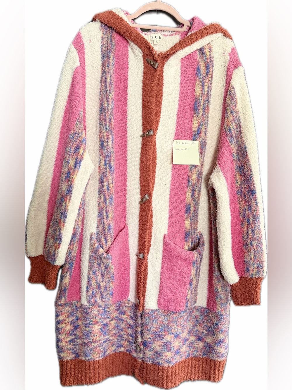 POL Hooded Sweater Coat in Pink, Cream & Rust